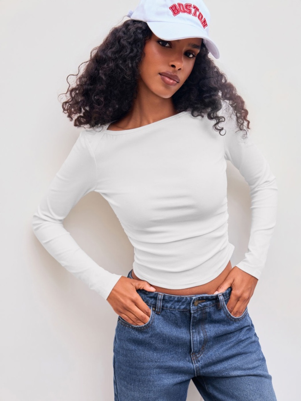 Cider Basque Waist Boat Neck Ruched Long Sleeve Top